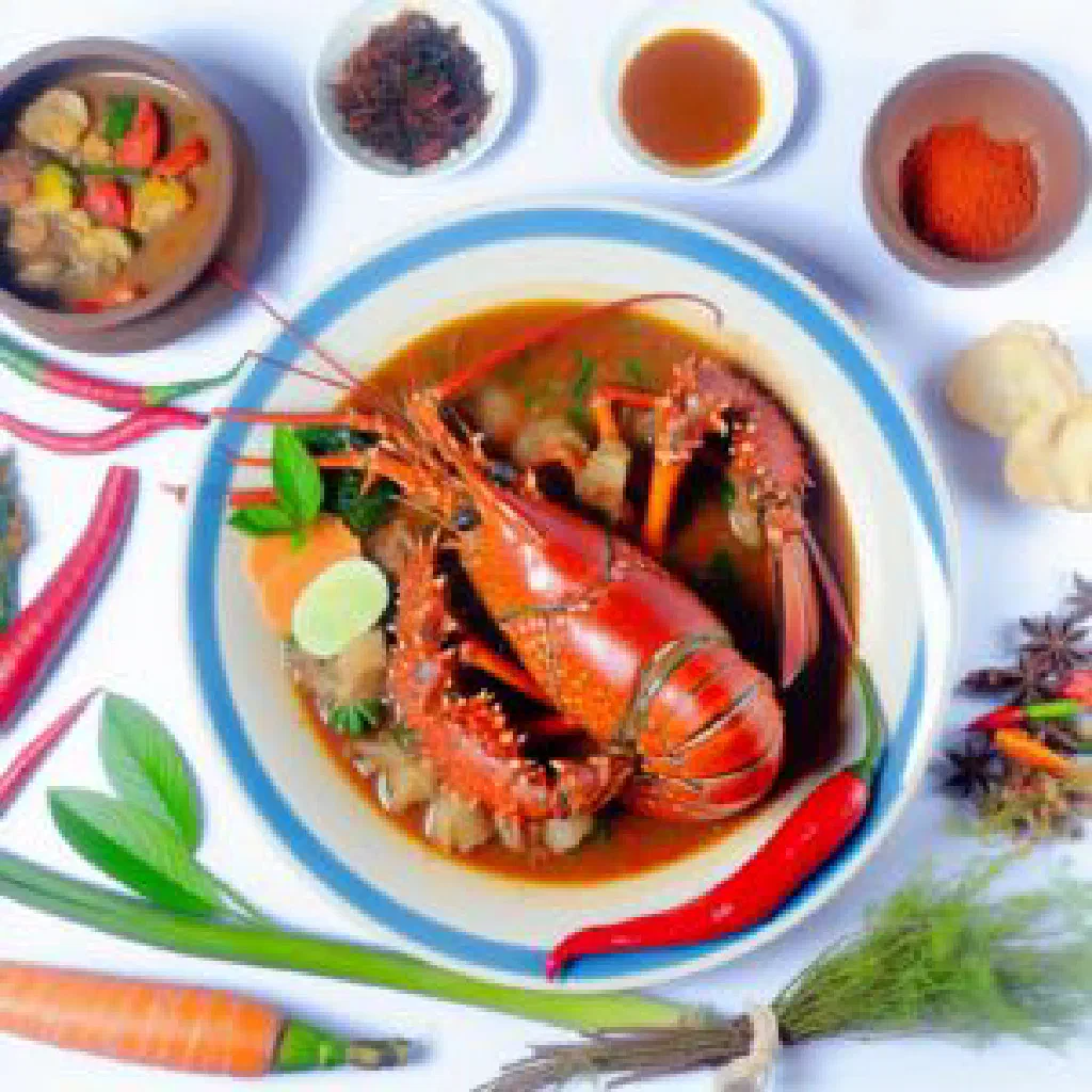 Whole lobster in a garlic and lime sauce garnished with fresh coriander