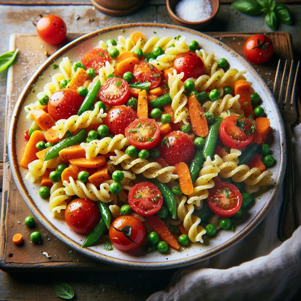 Massa com legumes with pasta and colourful sautéed vegetables, garnished with fresh herbs