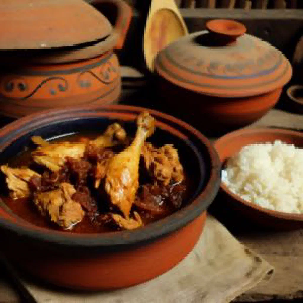 A steaming bowl of Modo Mole stew garnished with fresh herbs
