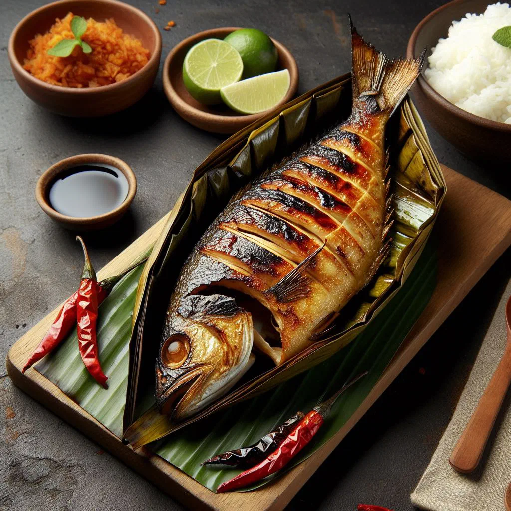 Spiced fish parcels wrapped in banana leaves, grilled and ready to serve