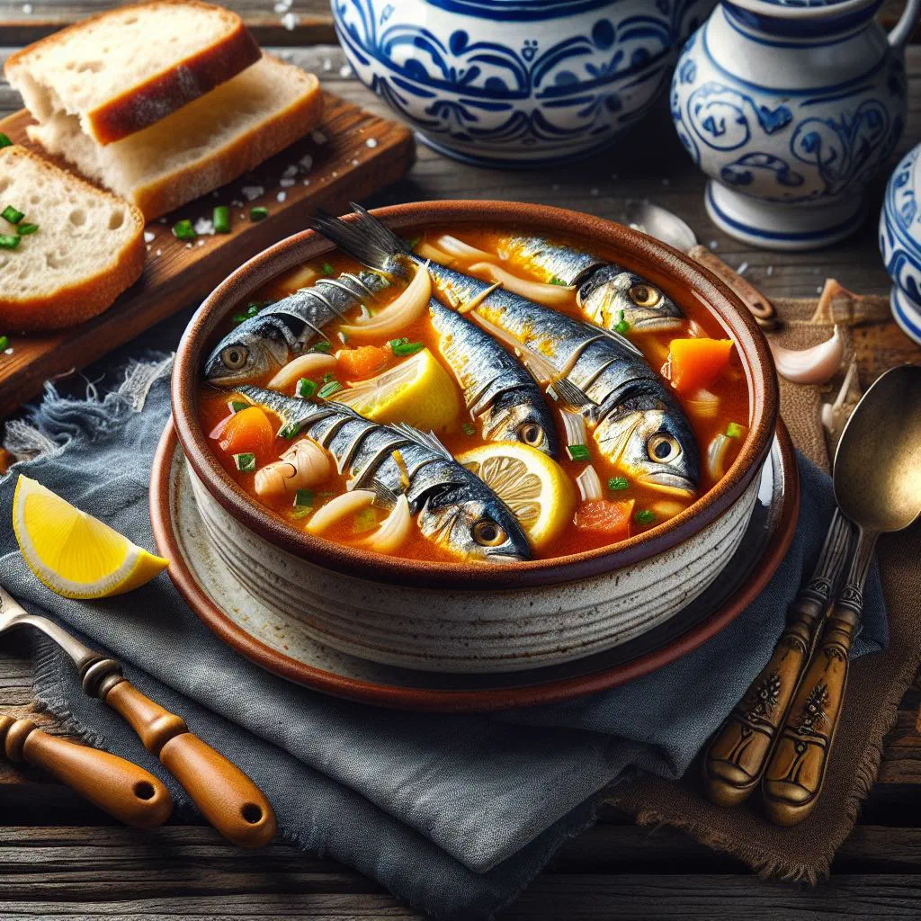 A bowl of Timorese sopa de peixe with fish, vegetables and fresh coriander