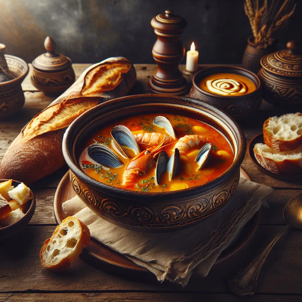 A steaming bowl of Togolese fish soup with tomato, onion and fresh herbs