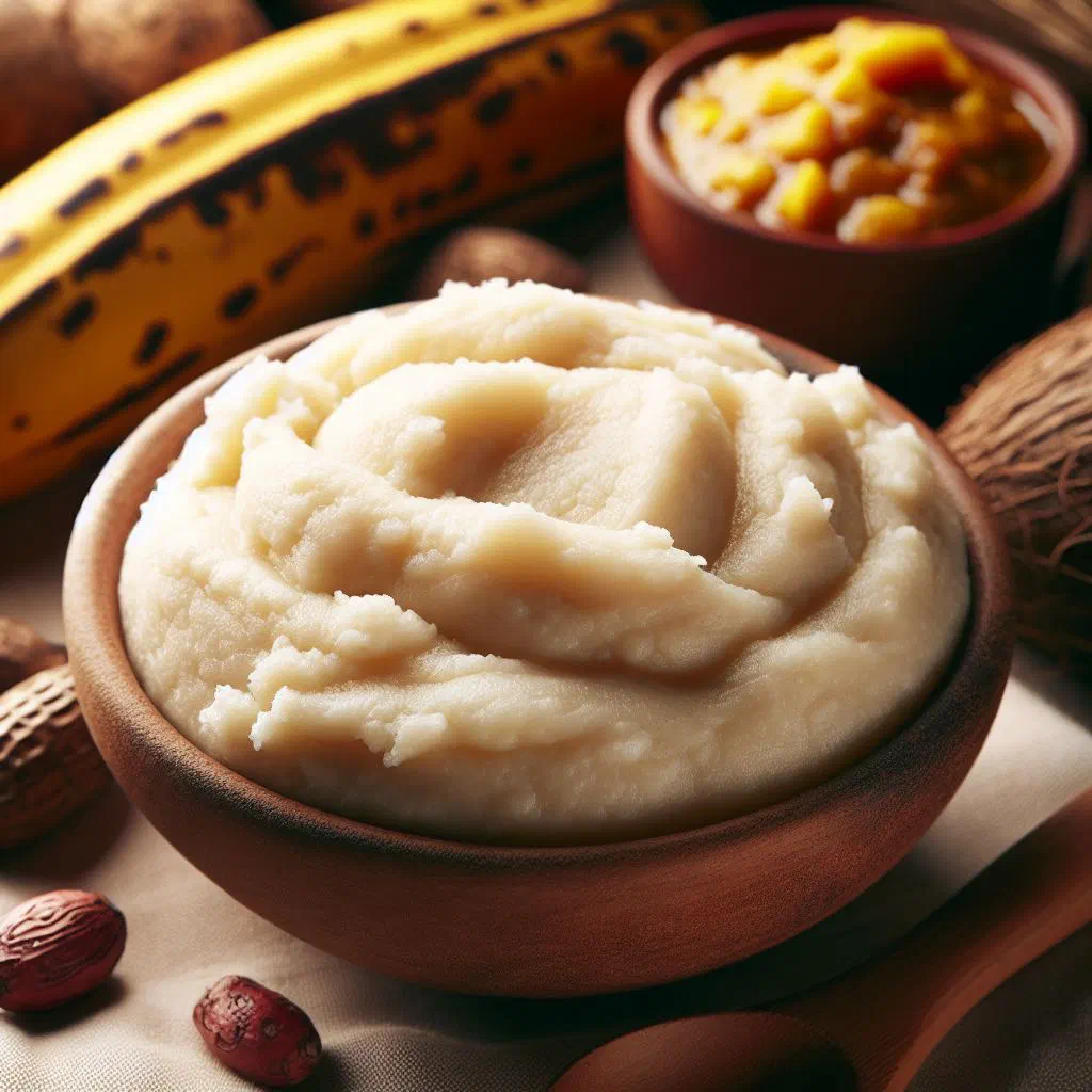 Smooth white fufu balls served beside a rich West African stew