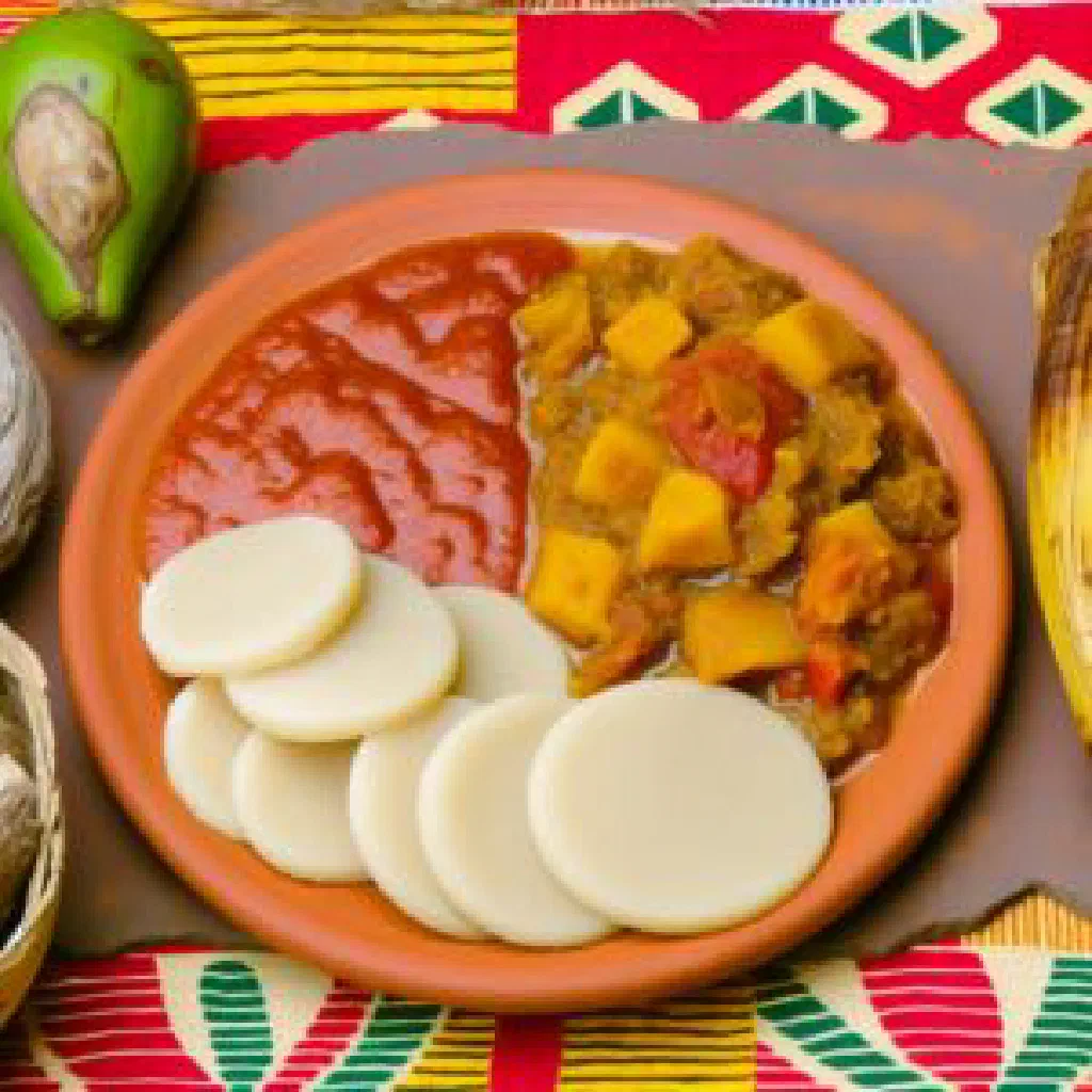 Bowl of spiced maize gbeke garnished with fresh herbs