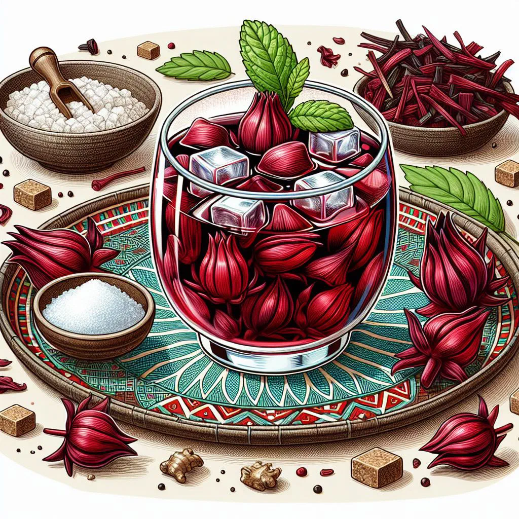 A glass of deep red jus de bissap garnished with fresh mint