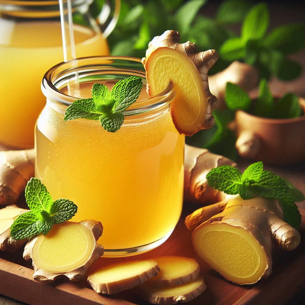 A glass of chilled Togolese ginger juice garnished with lemon and ice