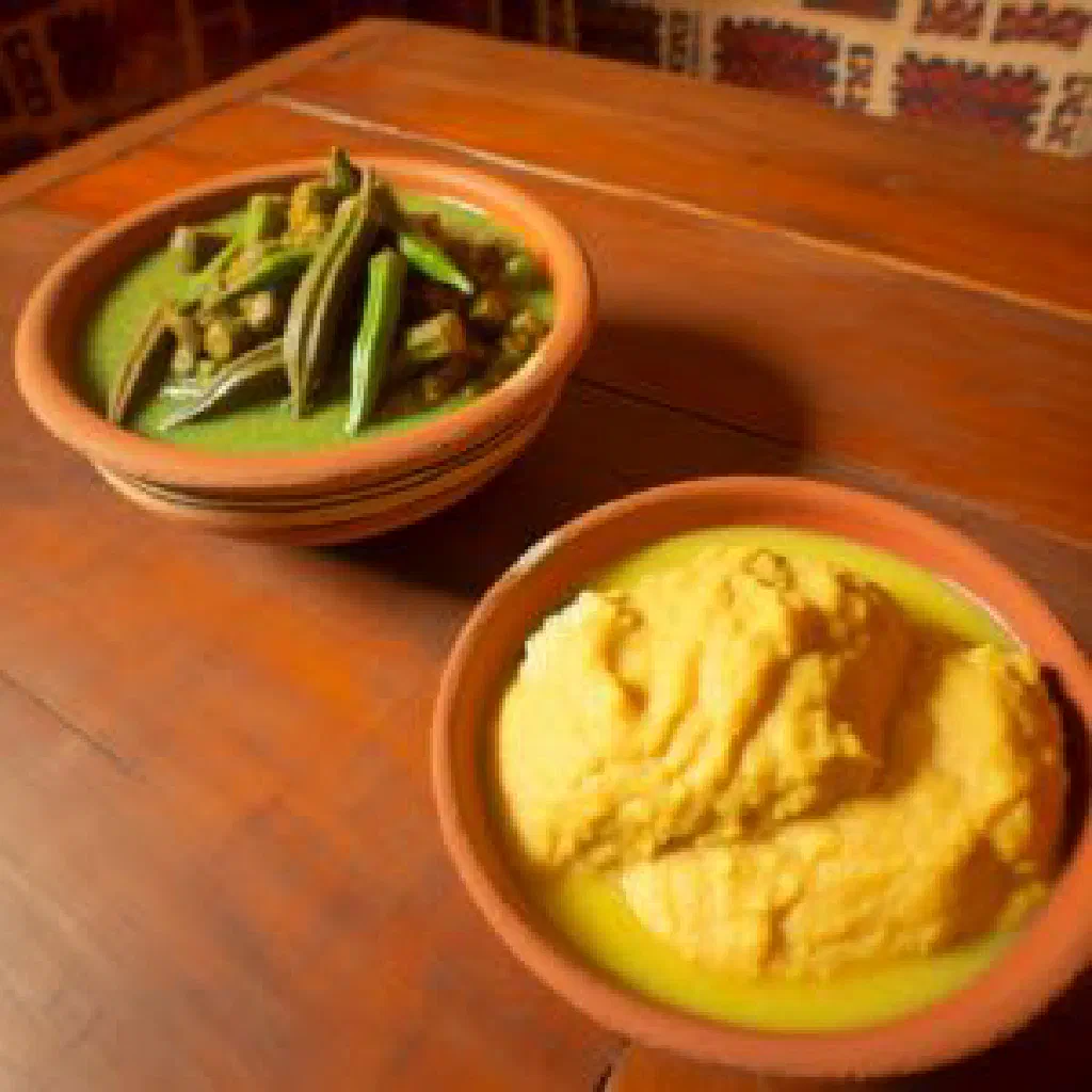 Bowl of Koudbou cornmeal porridge served with vegetables and meat