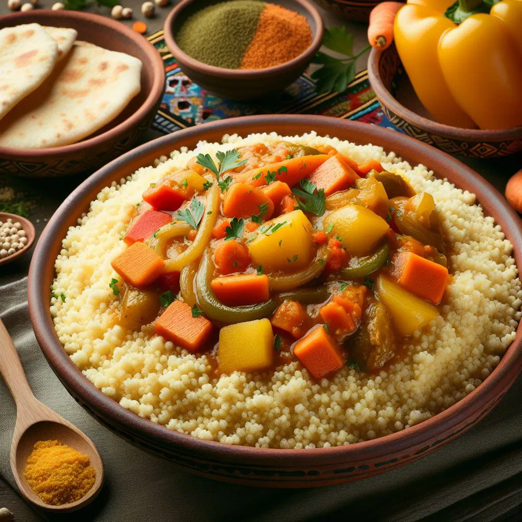 A bowl of steamed millet couscous with colourful vegetables and fresh herbs