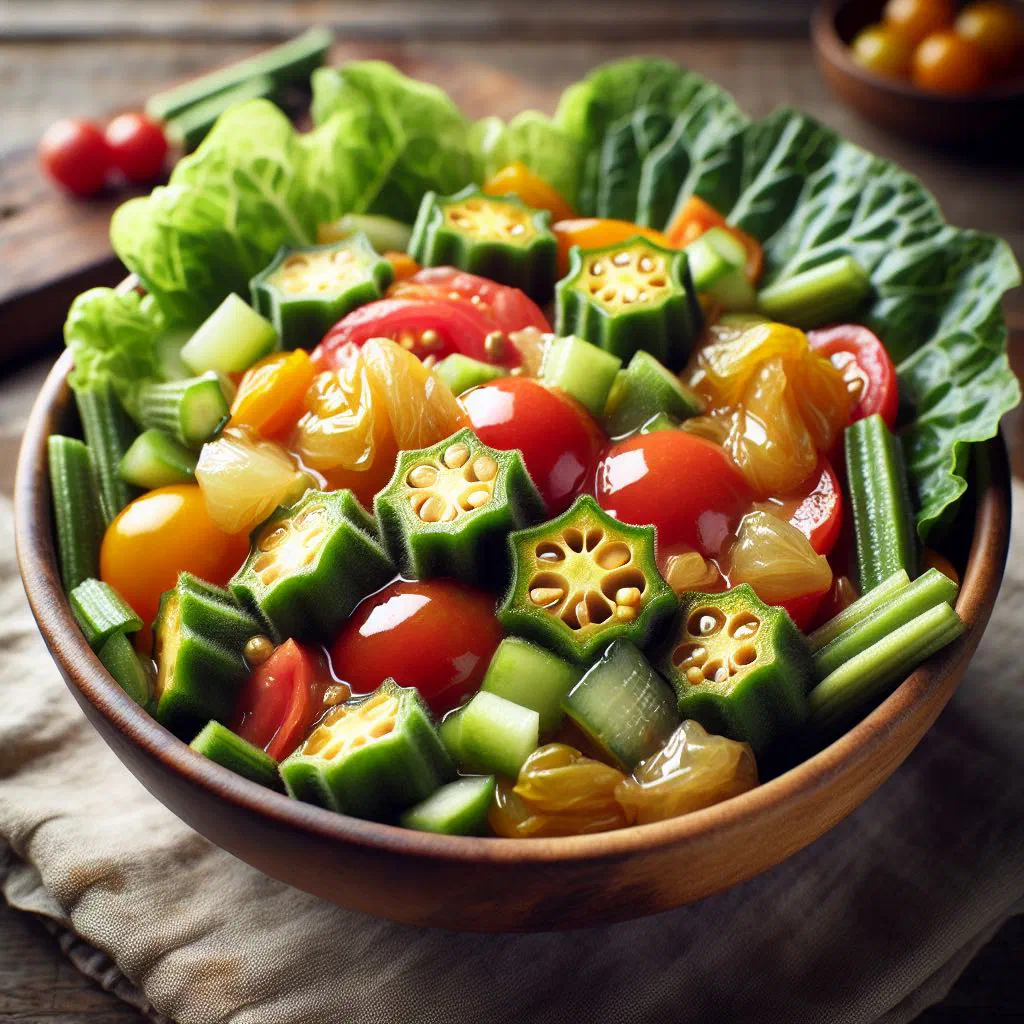 Fresh okra salad with tomatoes and peppers garnished with parsley