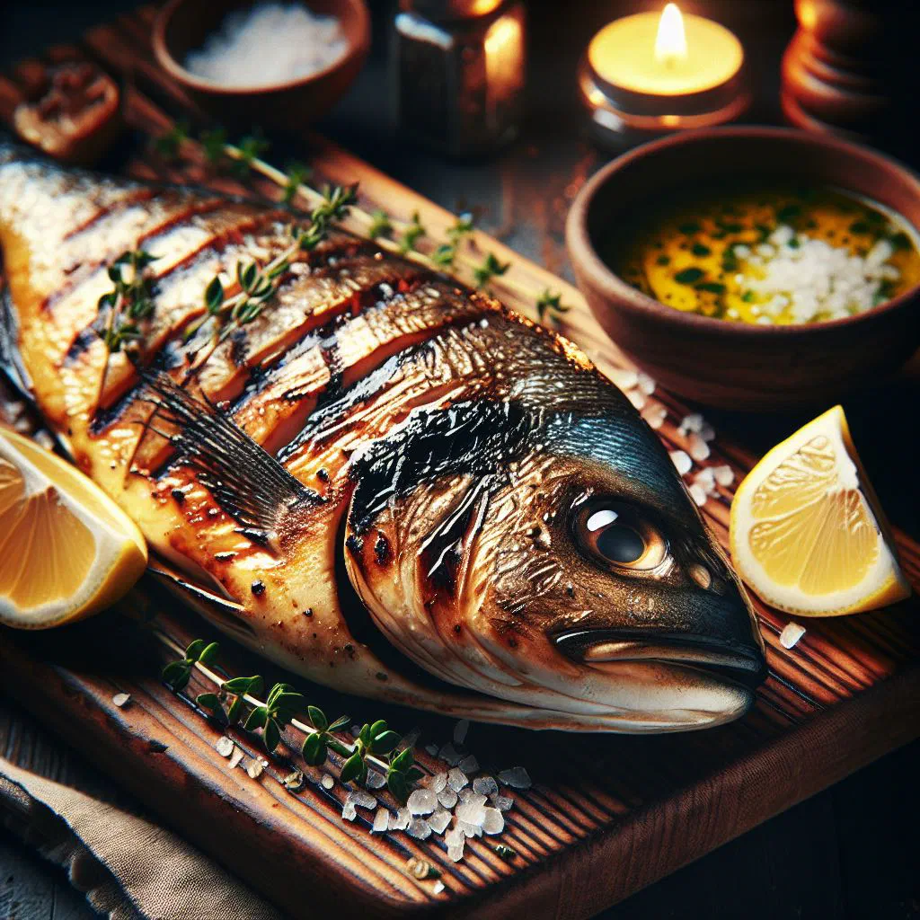 Whole grilled fish garnished with fresh herbs and lemon