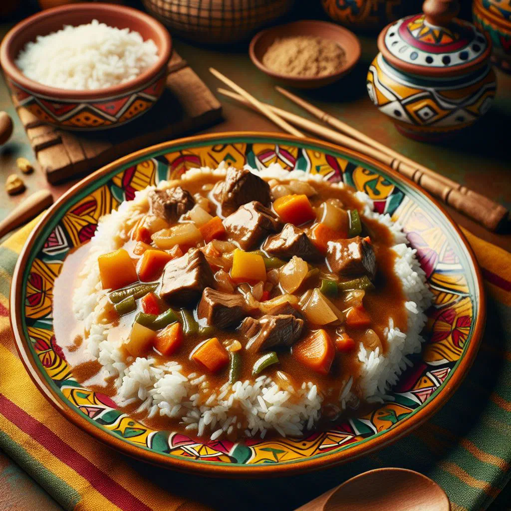 A bowl of Togolese riz au gras with tender meat and vegetables, garnished with parsley