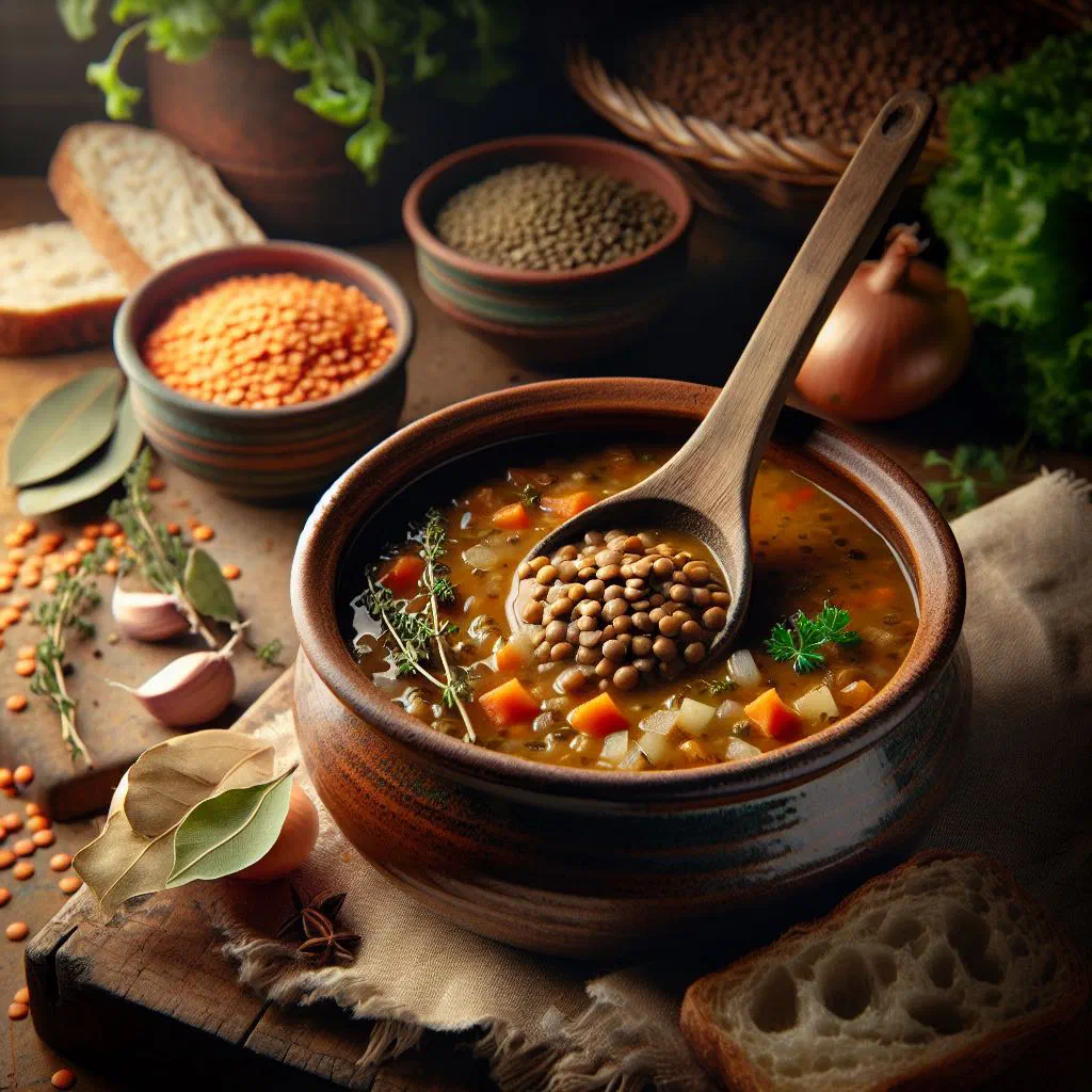 A bowl of Togolese lentil soup with carrots, celery and fresh herbs