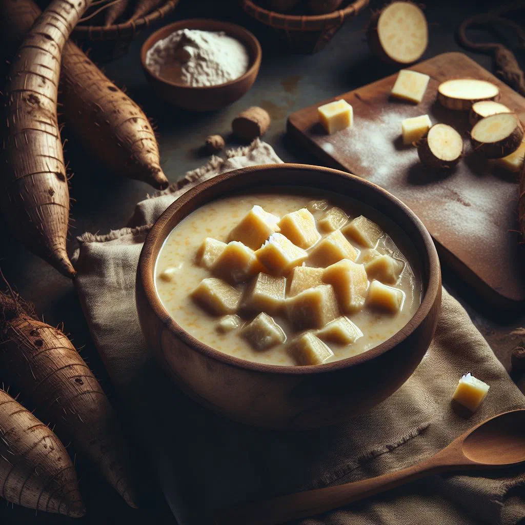 A bowl of creamy cassava soup garnished with fresh herbs