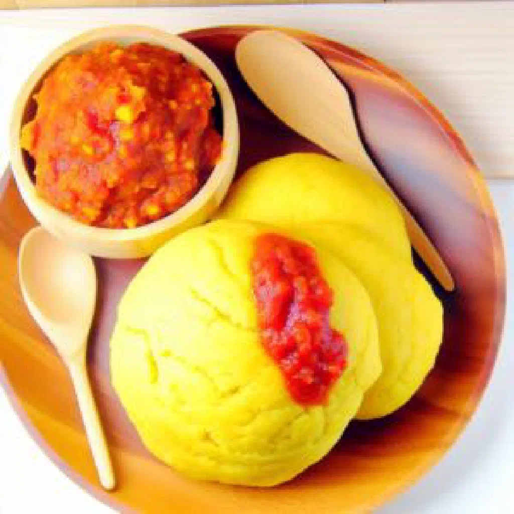 Steamed Yovo Dessi dough balls served with a rich peanut sauce and fresh parsley