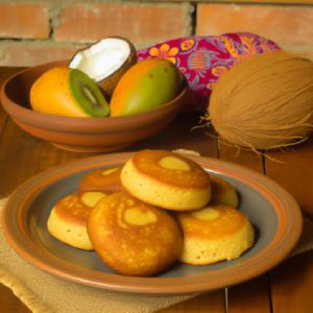 Small golden Tongan banana cakes dusted with icing sugar