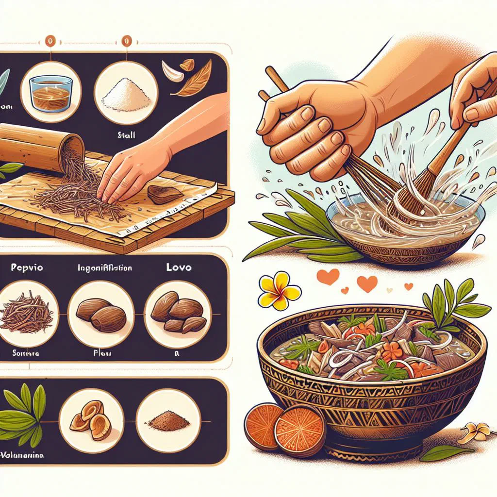 Lovo feast of meat and vegetables cooked in banana leaves from an earth oven