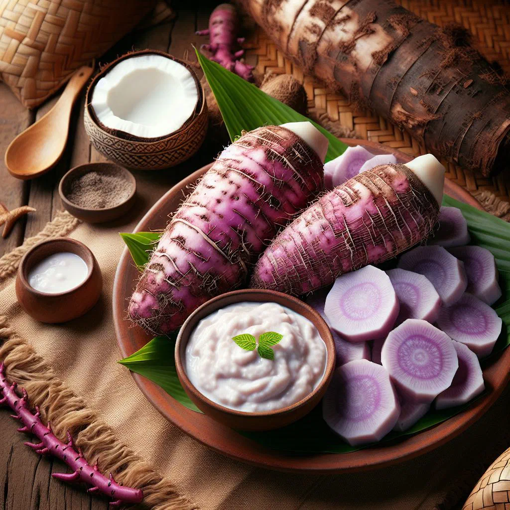 Mashed taro root topped with warm sweet coconut cream in a bowl