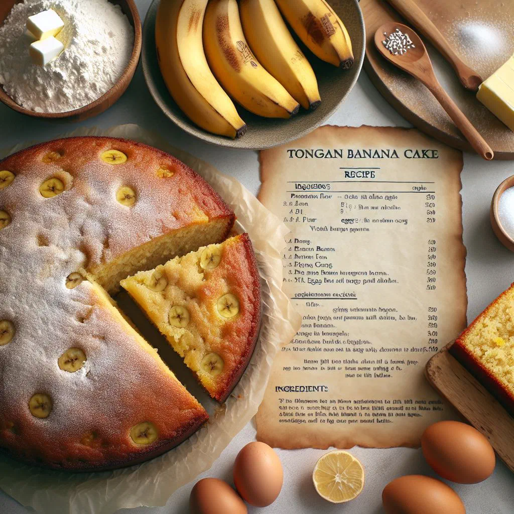 Sliced Tongan banana cake on a plate with fresh bananas