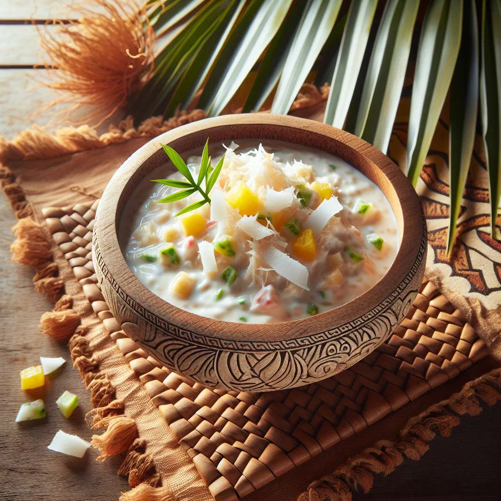 Tongan coconut cream dessert with fresh tropical fruit in a bowl