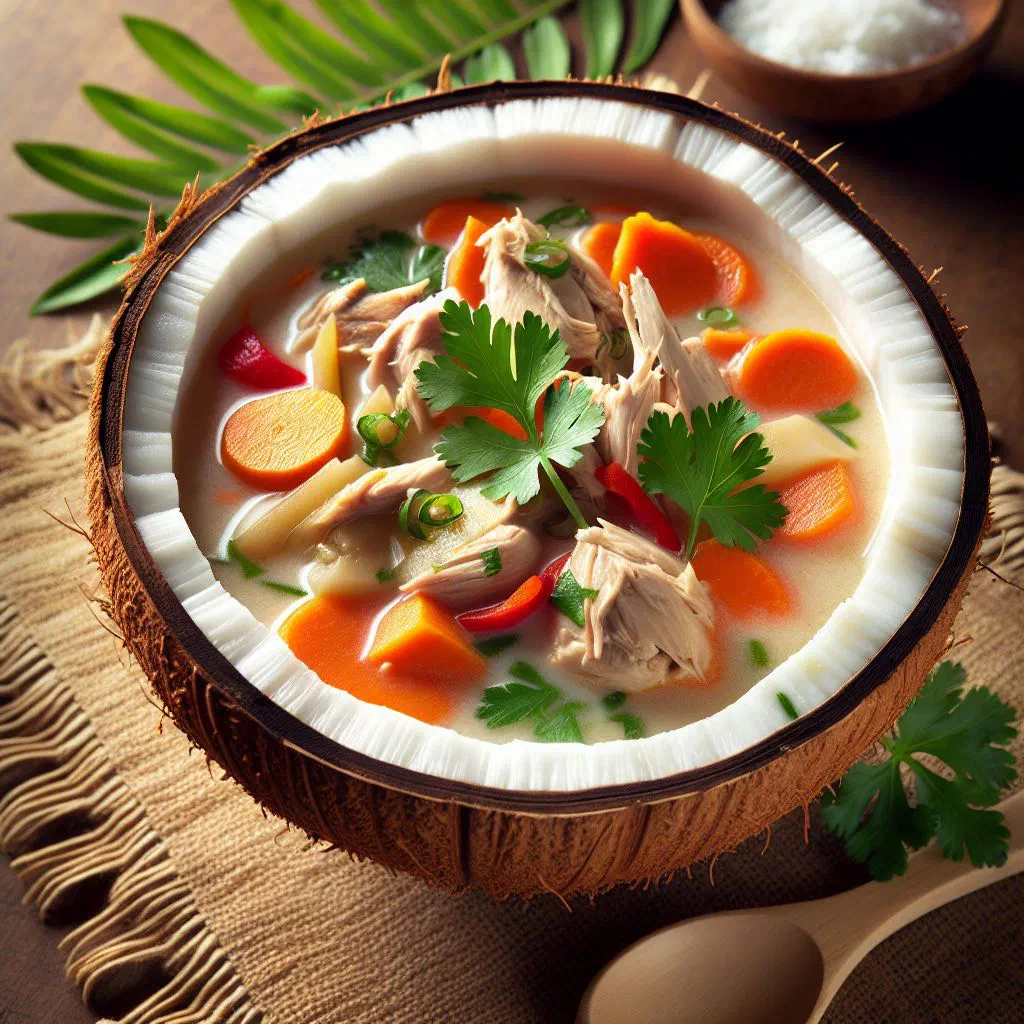 A creamy bowl of Tongan coconut soup with prawns, vegetables and fresh herbs