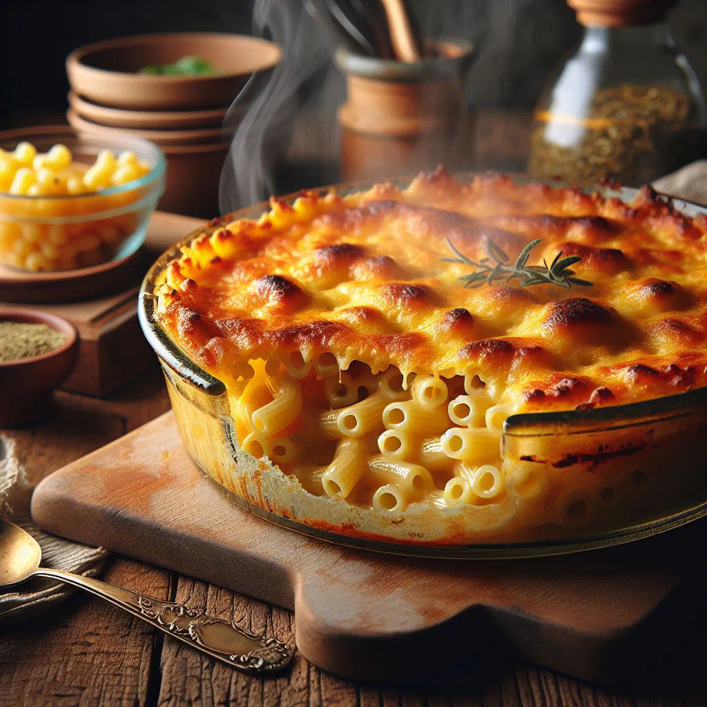 Golden baked macaroni pie with a crisp cheese crust in a baking dish