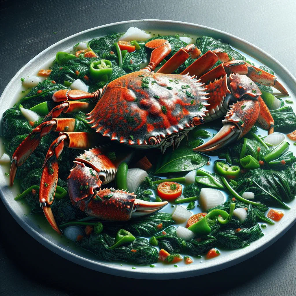 Callaloo crab with creamy green callaloo leaves and fresh crab in a bowl