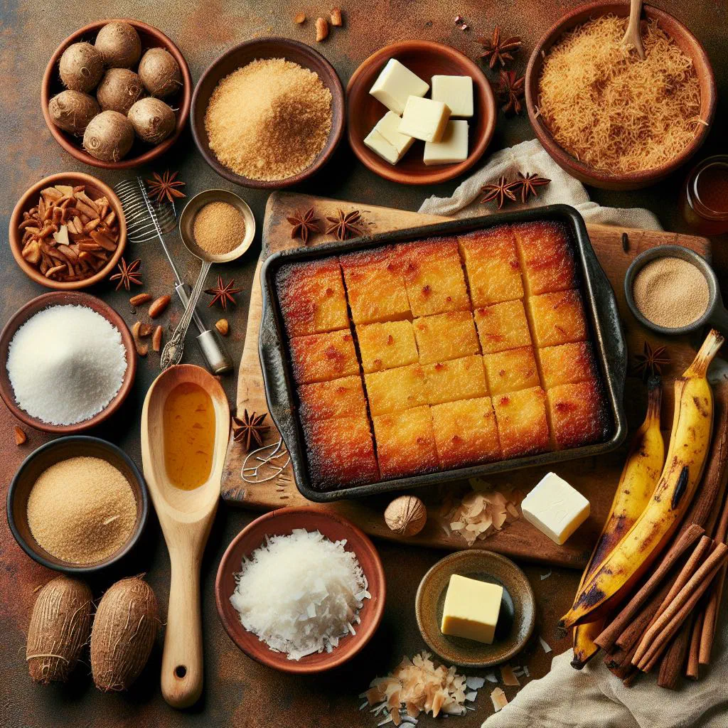Golden-brown squares of cassava pone with grated coconut