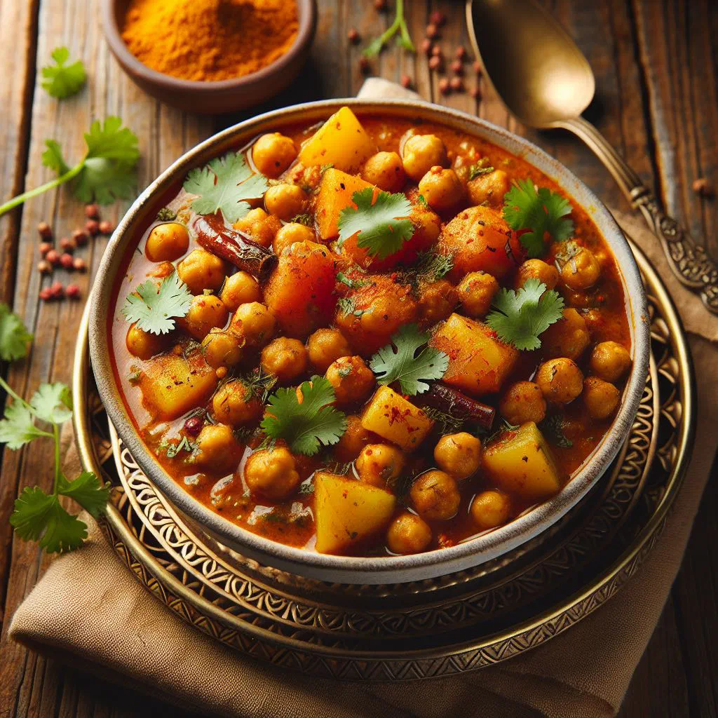 Channa and aloo — curried chickpeas and potatoes garnished with fresh coriander