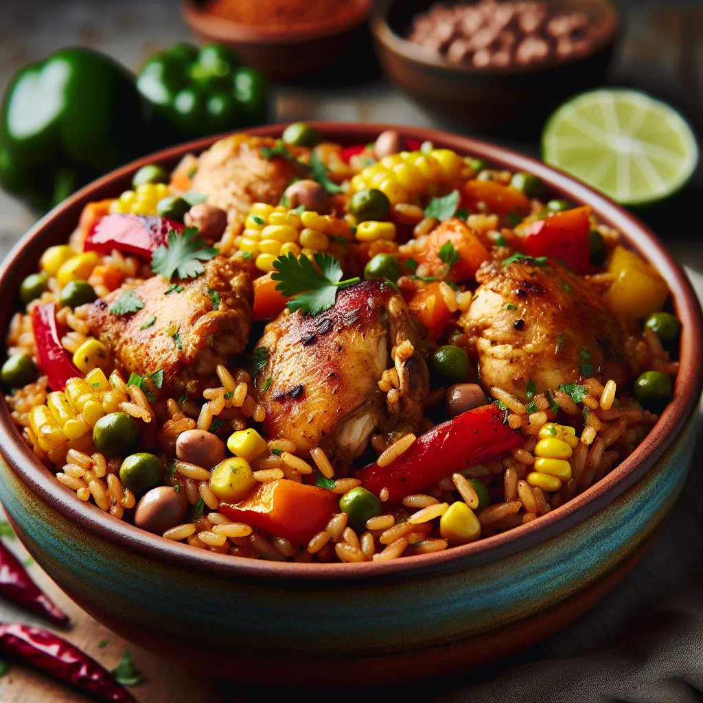 Chicken pelau with rice, tender chicken and colourful vegetables in a bowl