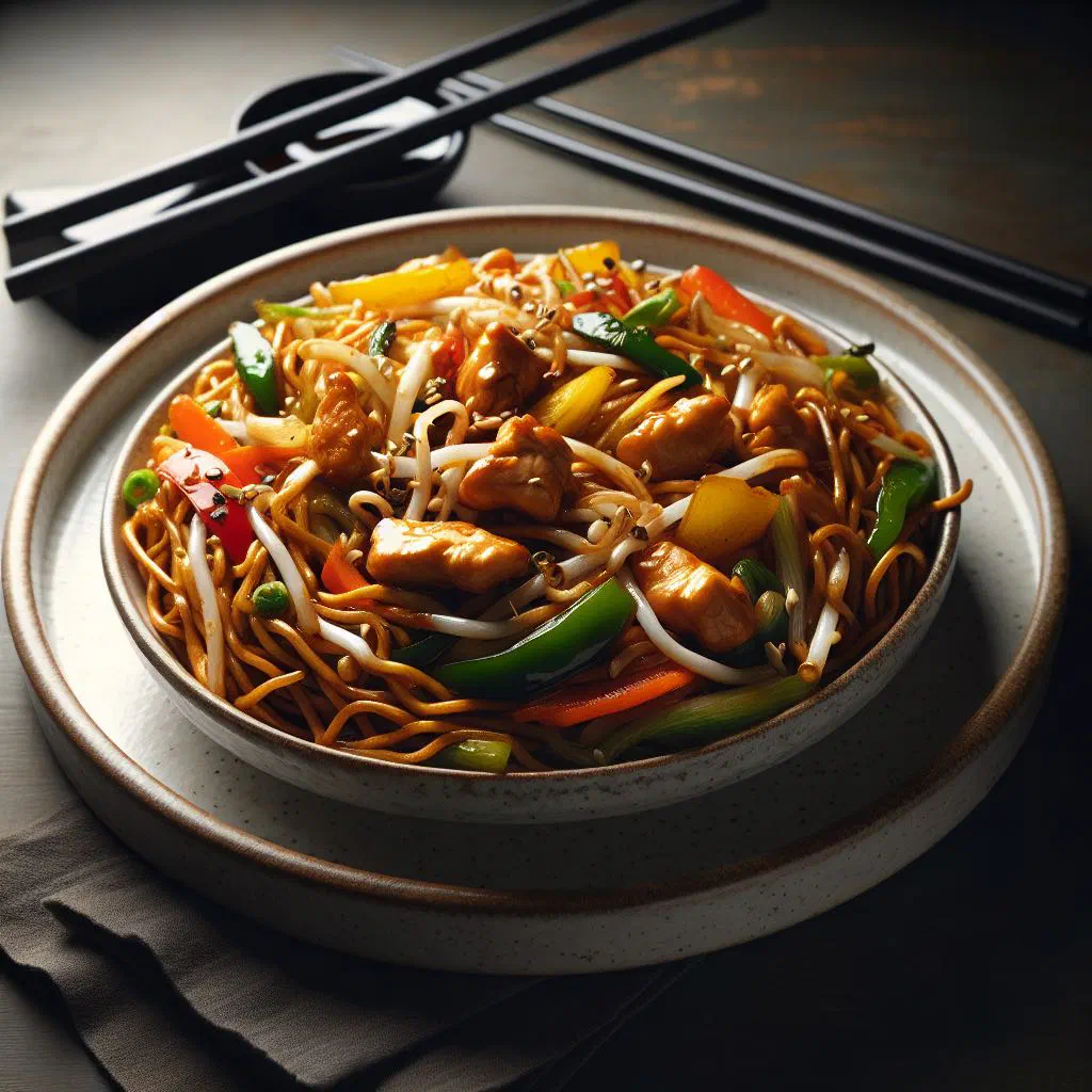 Trinidadian chow mein with stir-fried noodles, chicken and colourful vegetables
