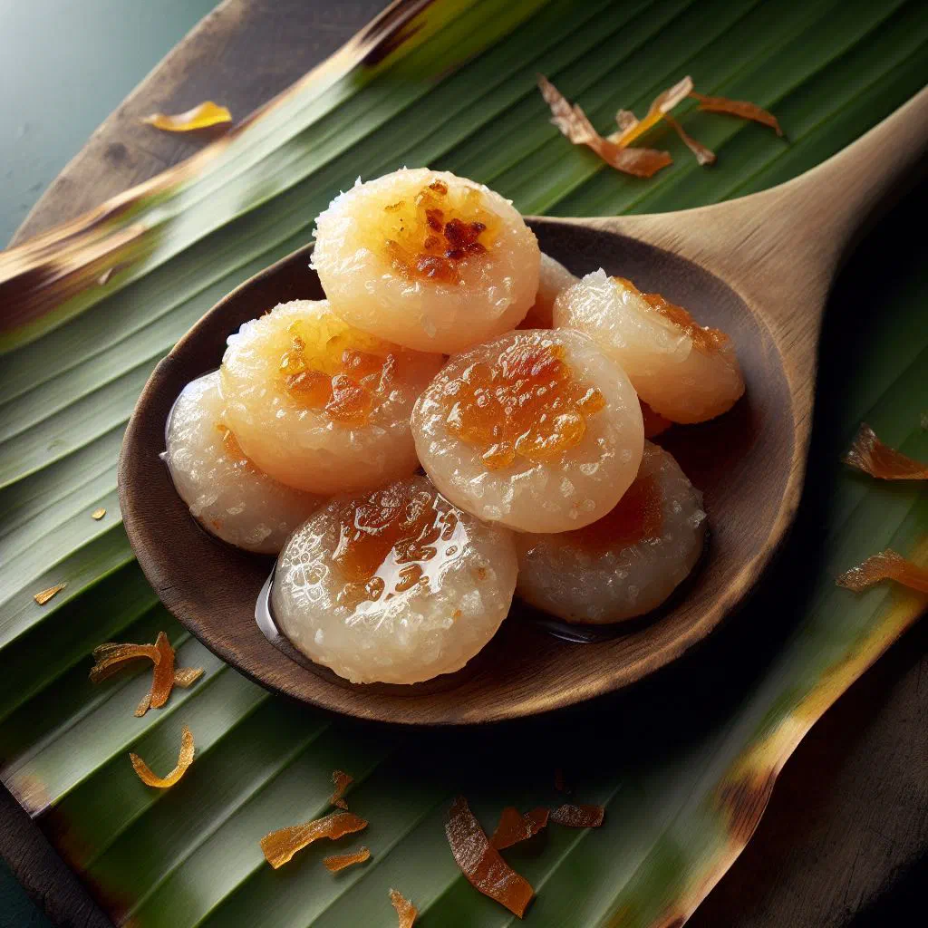 Golden coconut drops piled on a plate, flecked with spice
