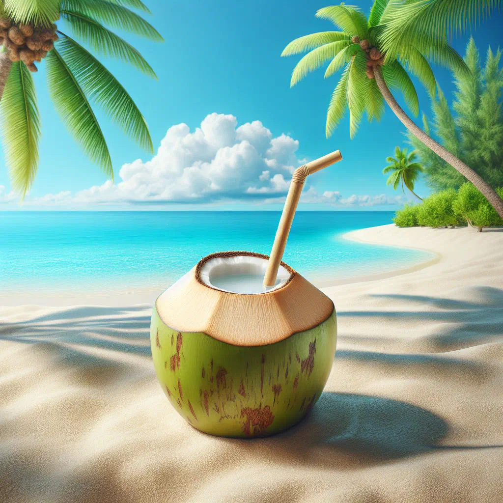 Fresh coconut water served in a green coconut with a straw