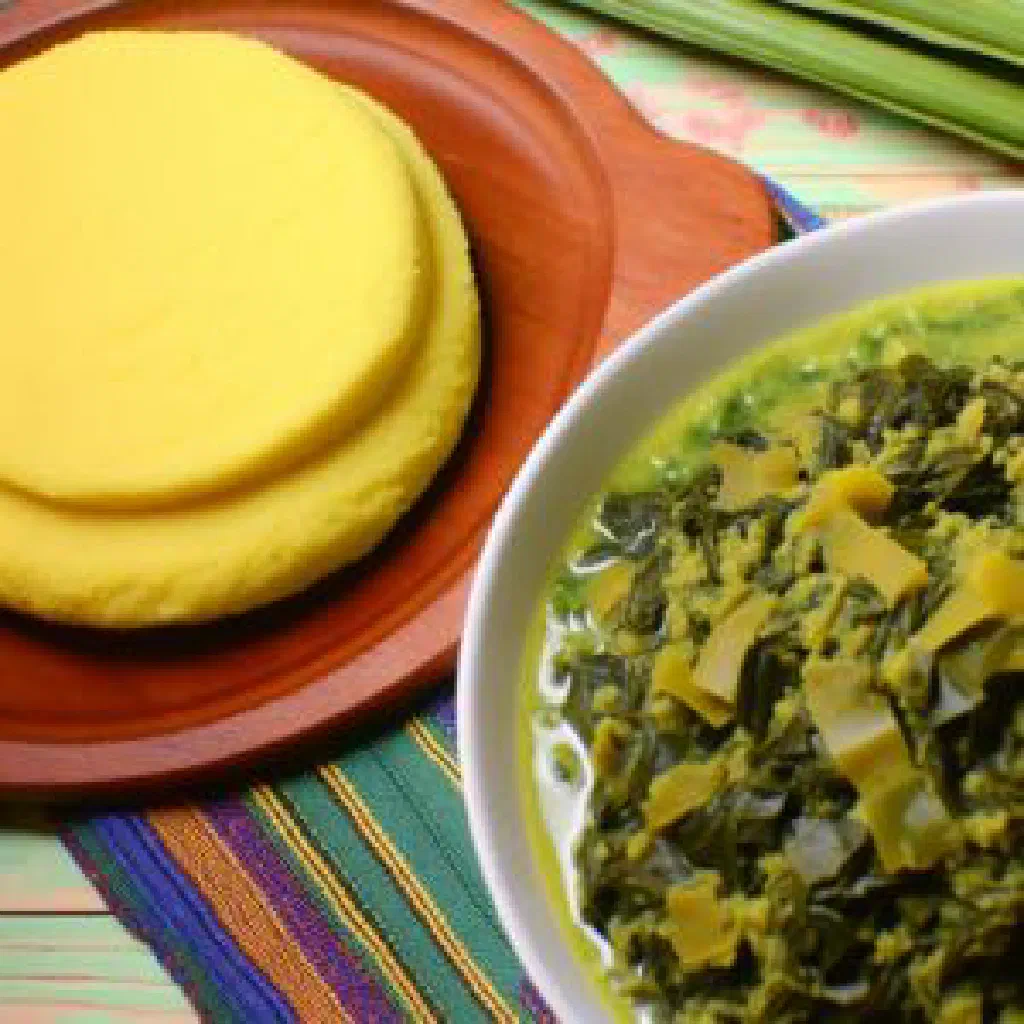 Creamy cornmeal coo-coo served with a vibrant green callaloo