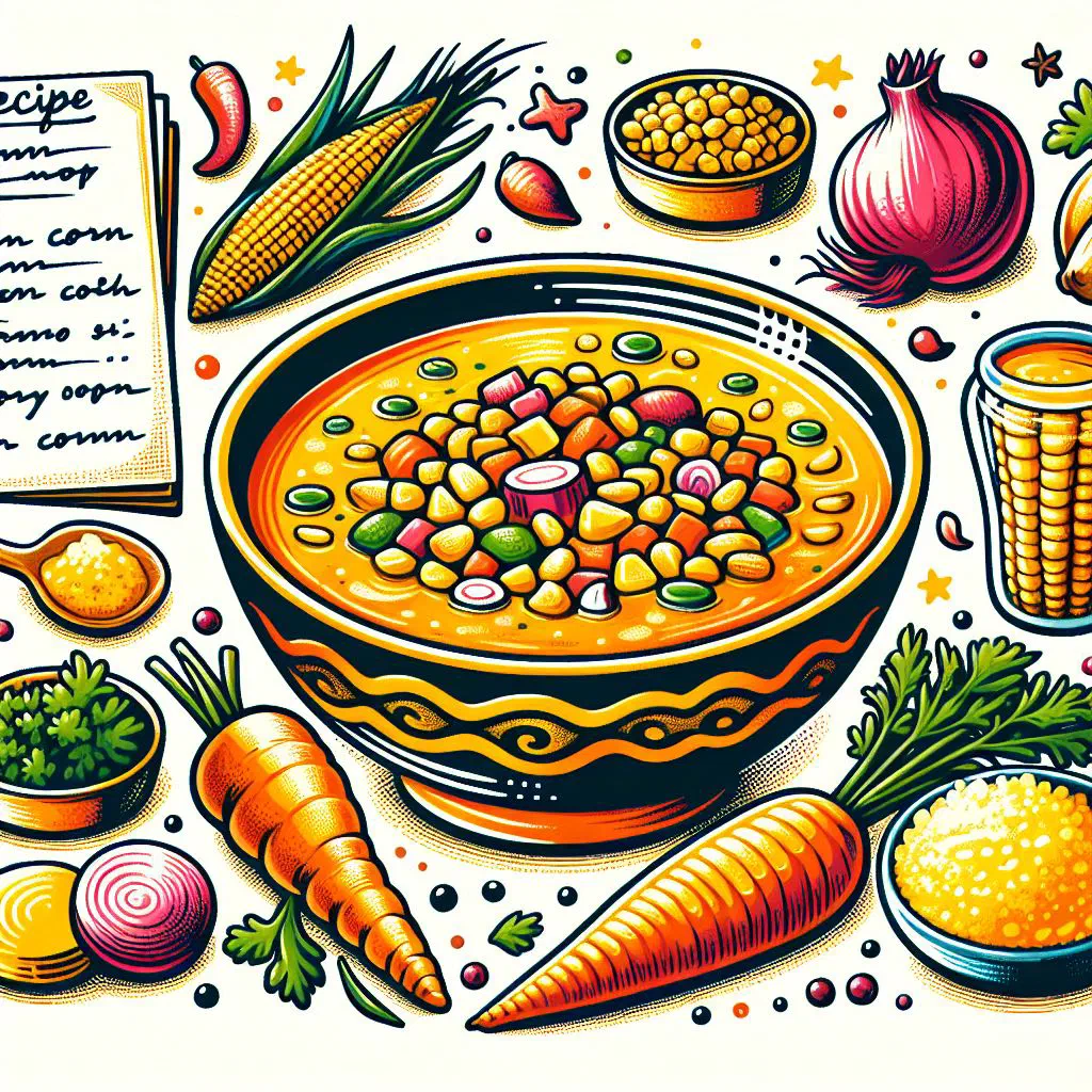 Bowl of Trinidadian corn soup with sweetcorn, vegetables and fresh herbs