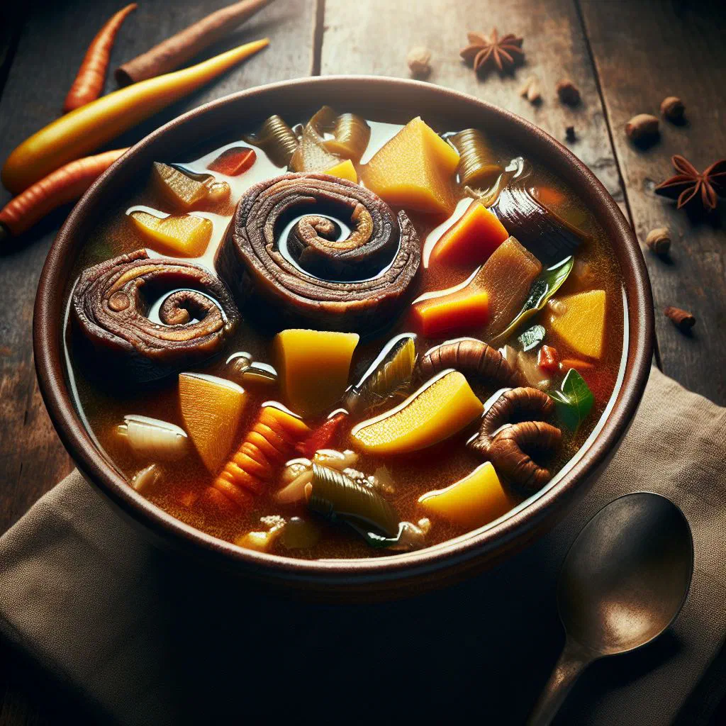 Hearty cow heel soup with vegetables in a deep bowl