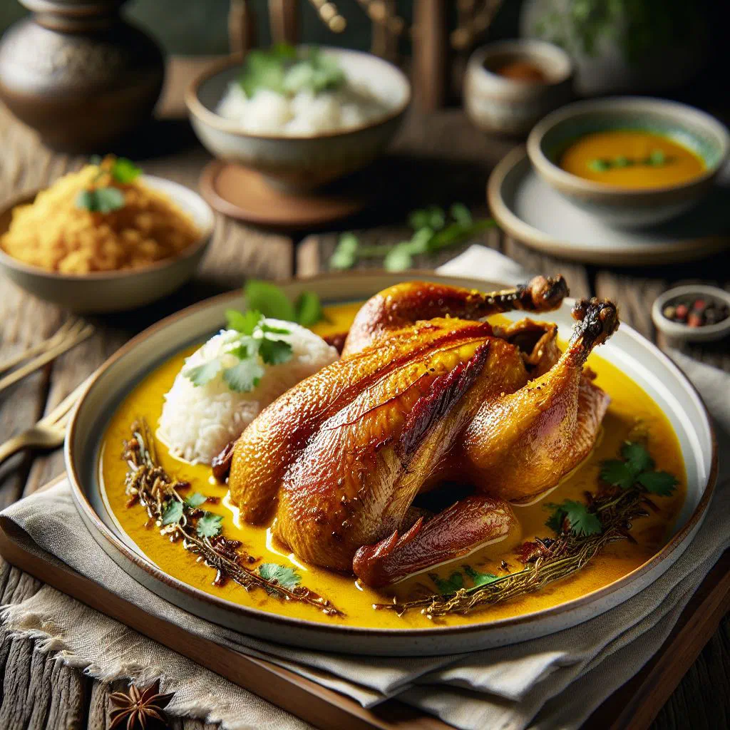 Curry duck in a rich golden sauce garnished with fresh herbs