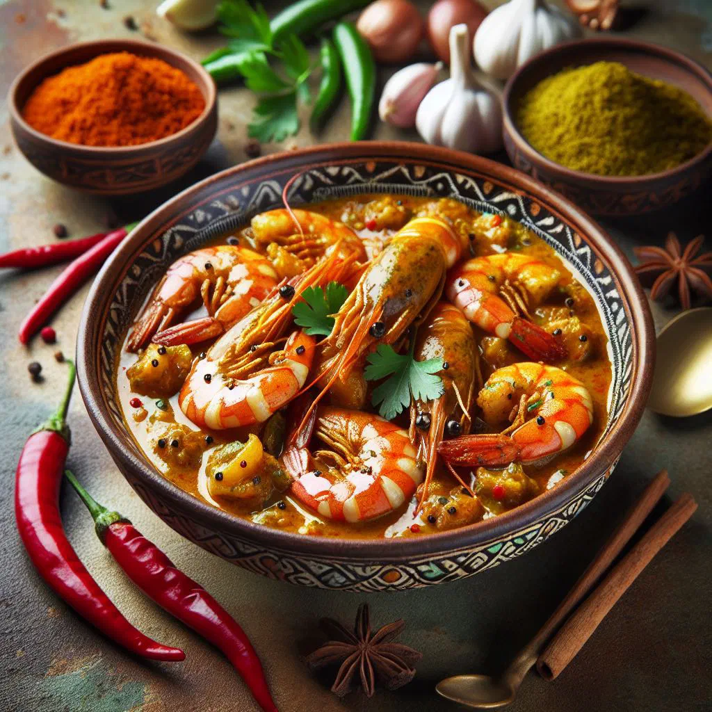 Curry shrimp in a creamy coconut curry sauce garnished with fresh coriander