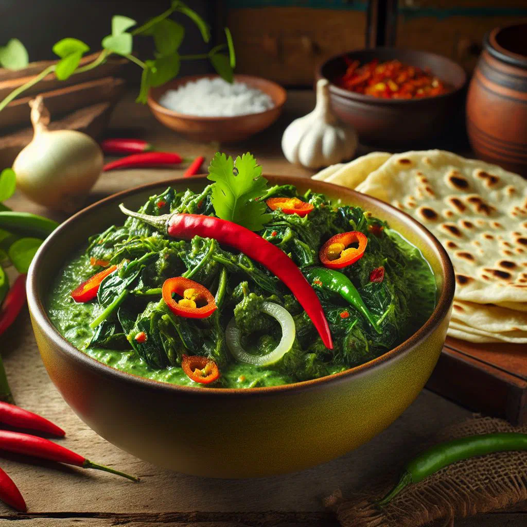 Dasheen bush bhaji of tender sautéed dasheen leaves with onion, garlic and spices