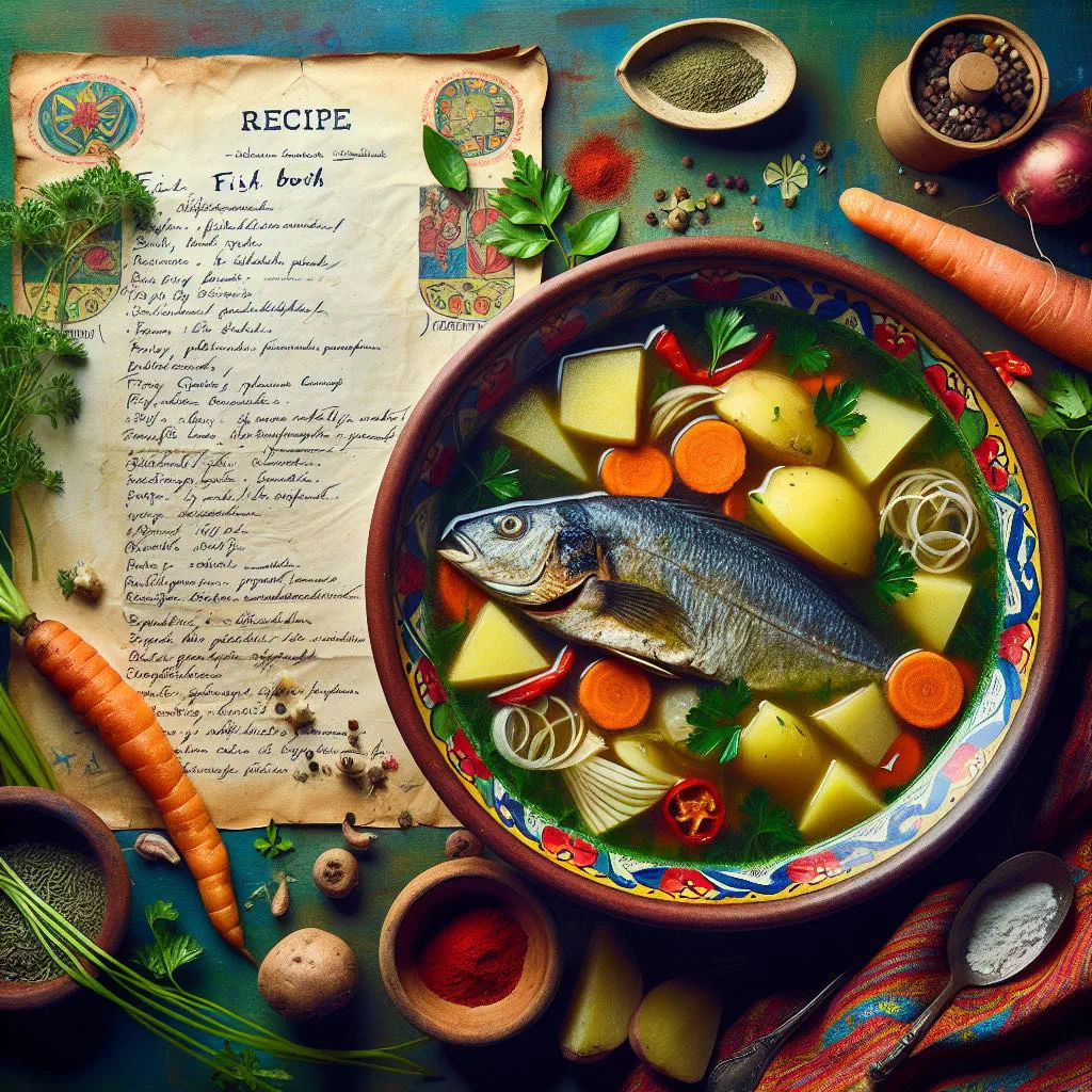 Bowl of Caribbean fish broth with chunks of fish, vegetables and fresh herbs