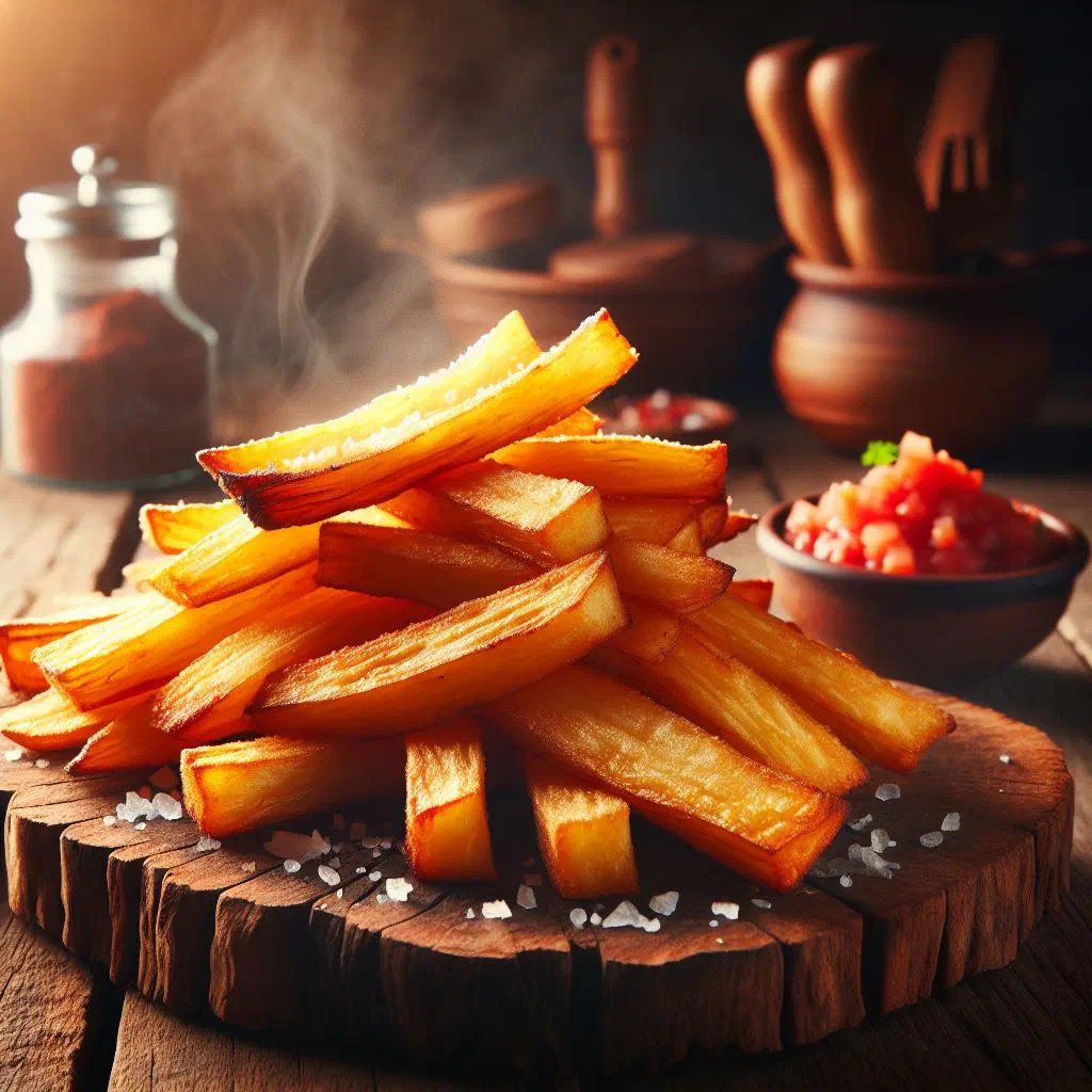 Golden fried cassava pieces with a crisp exterior, sprinkled with salt