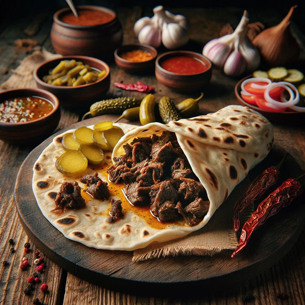 Goat roti with tender curried goat wrapped in a soft roti flatbread