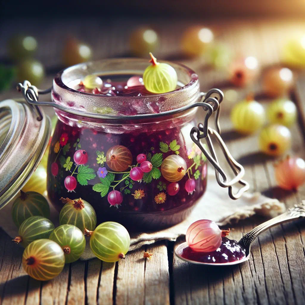 Jar of golden gooseberry jam with fresh gooseberries alongside
