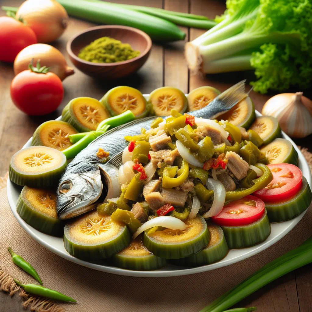 Green fig and saltfish with boiled green bananas and flaked salted cod tossed with tomatoes and onions