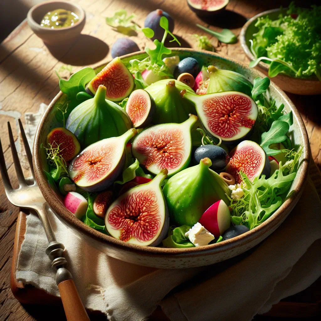 Green fig salad with sliced green bananas, tomato, pepper and fresh herbs