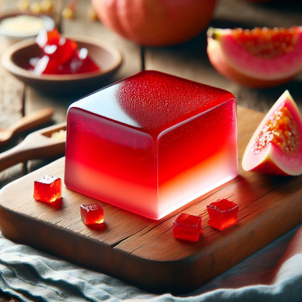 Squares of deep pink guava cheese, a firm Caribbean fruit confection