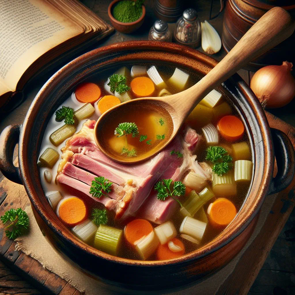 Bowl of ham bone soup with smoked ham, carrots and fresh parsley