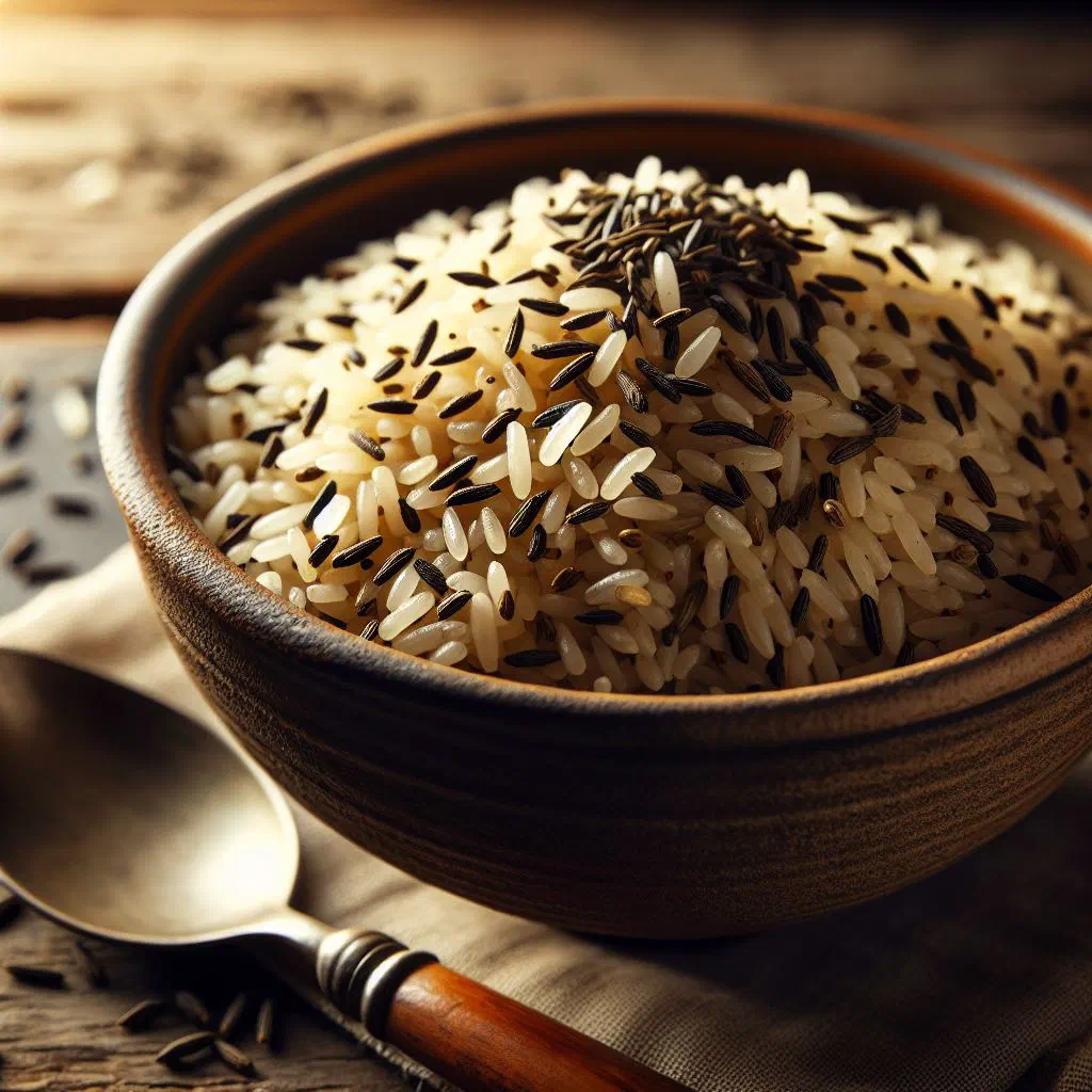 Fragrant kalounji rice with peas and fresh coriander in a bowl