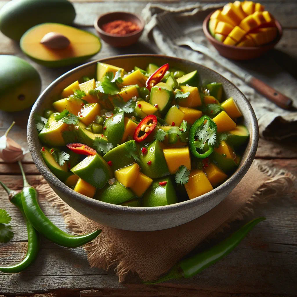 Mango chow with sliced mango, chilli and lime in a bowl
