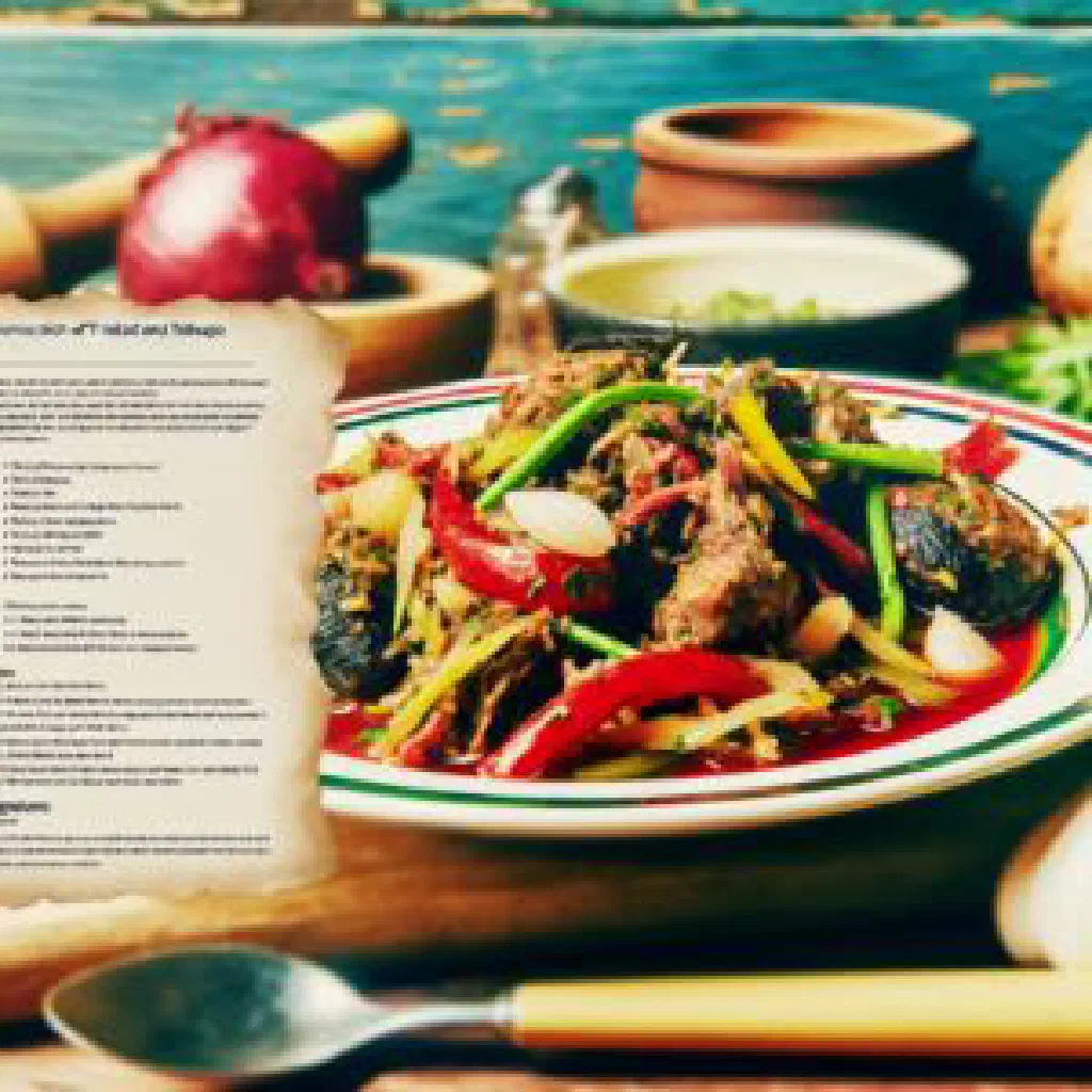 Bowl of murtani, spiced Caribbean rice with meat and vegetables, garnished with fresh herbs