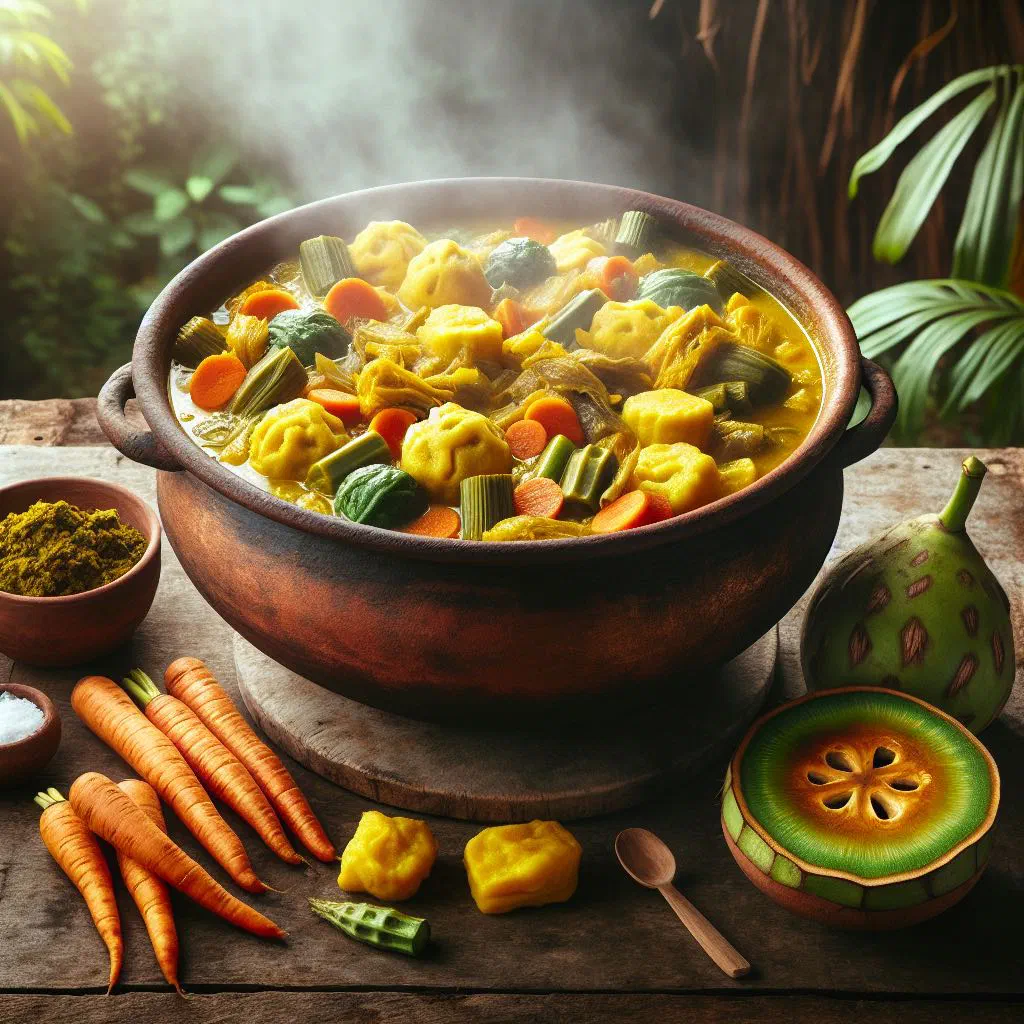 Oil down with fish, potatoes and carrots simmered in creamy coconut milk